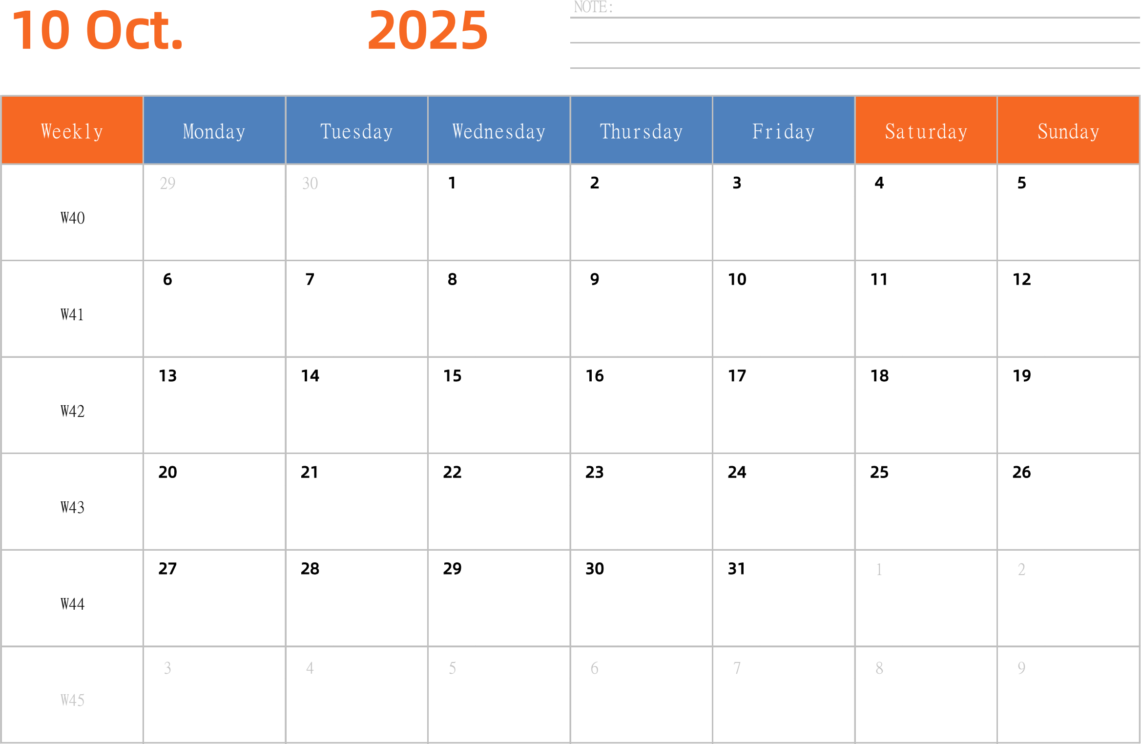 日历表2025年日历 英文版 横向排版 周一开始 带周数